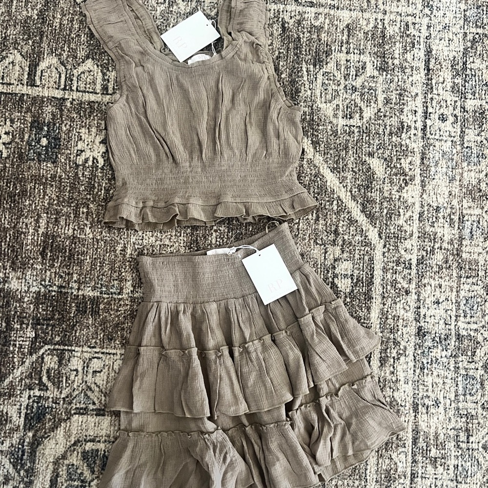 Ruffled Taupe Two-Piece Skirt and Crop Top Set